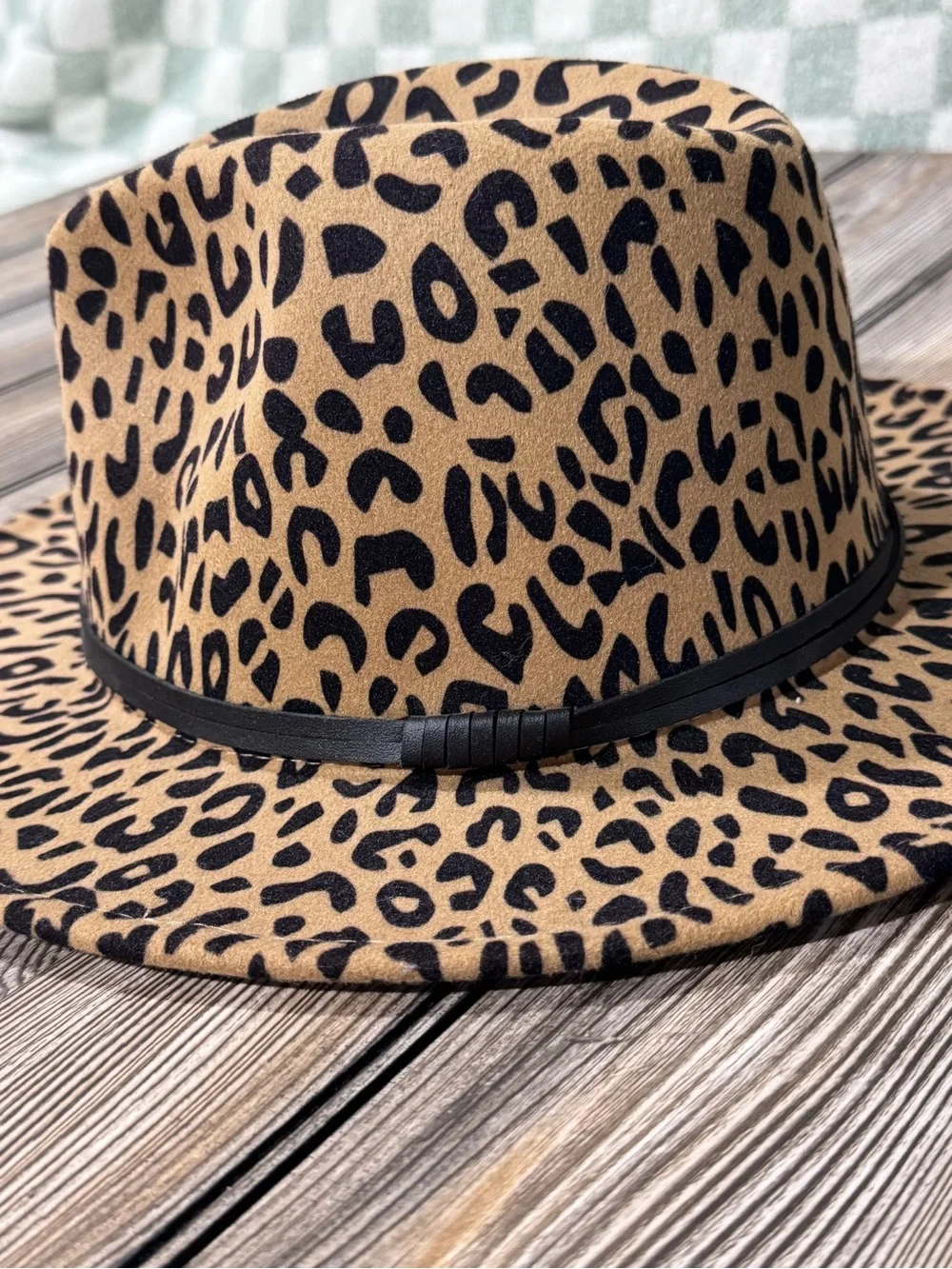 Womens Leopard Print Fedora Hat - Tan and Black